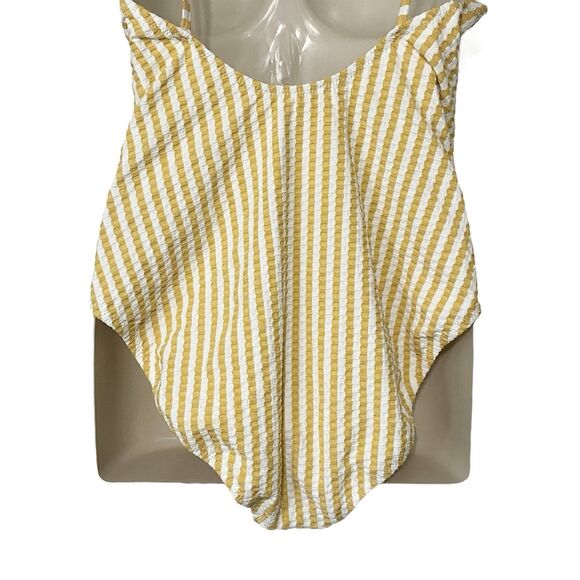 Jessica Simpson Striped Seersucker One Piece Swimsuit Mustard Yellow White Sz L - Picture 10 of 13